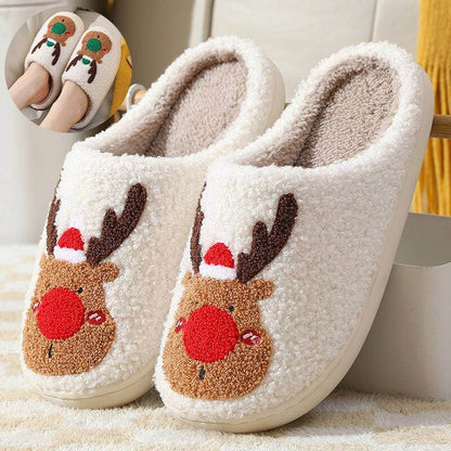 Cozy Elk Winter Home Slippers with plush faux-wool lining and anti-slip sole featuring a cute red-nosed elk design in white.