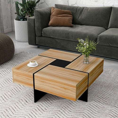 Modern smart storage coffee table with wooden finish and hidden compartments in stylish living room setting