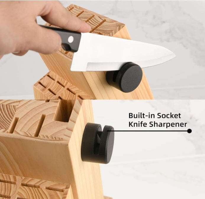Built-in socket knife sharpener on wooden block of Ultimate German Steel Knife Set