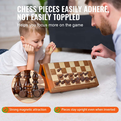 Child playing with Magnetic Chess and Checkers Set, showcasing strong magnetic pieces on a reversible board.