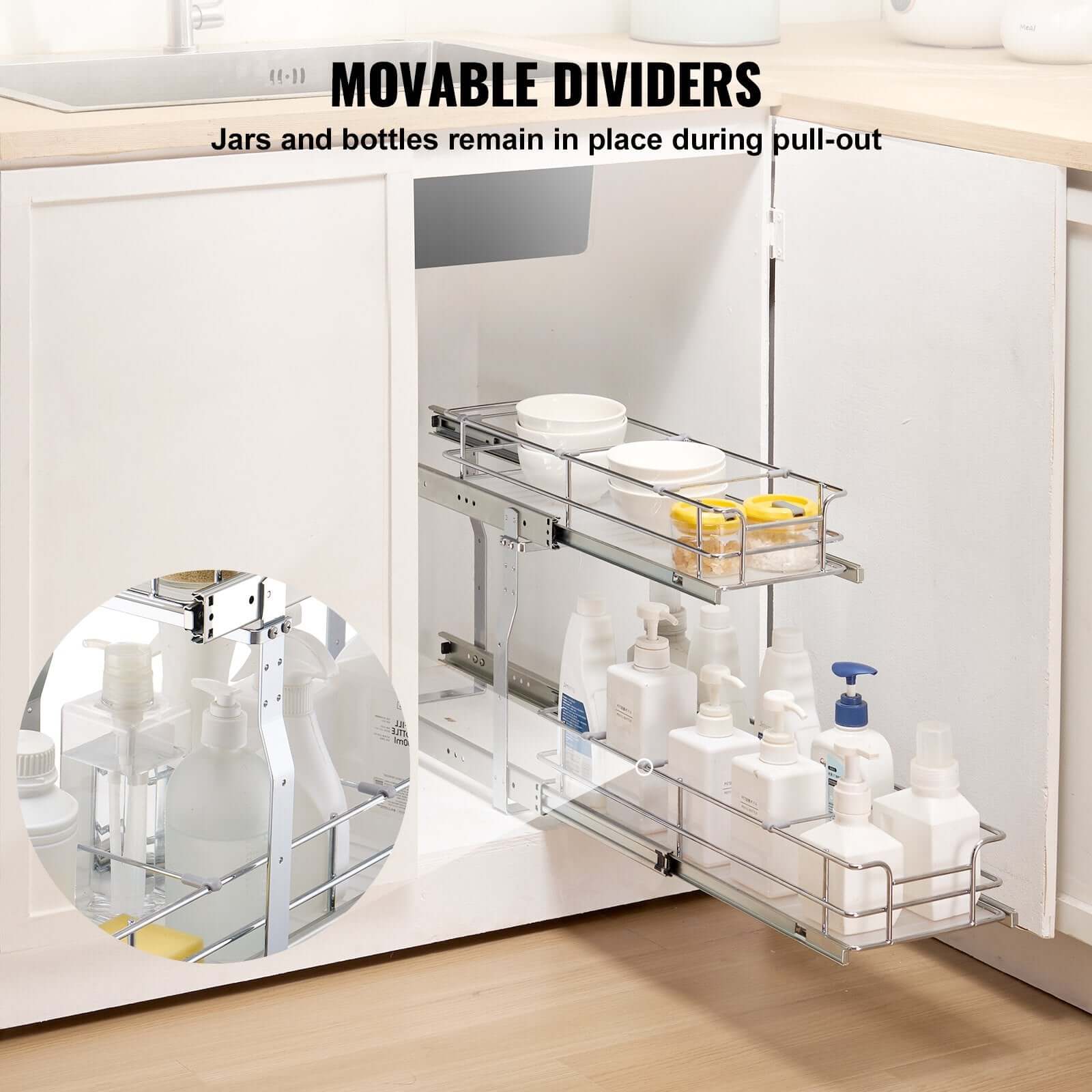 Pull Out Under Sink Organizer showcasing movable dividers for jars and bottles in a cabinet with two-tier pull-out design.