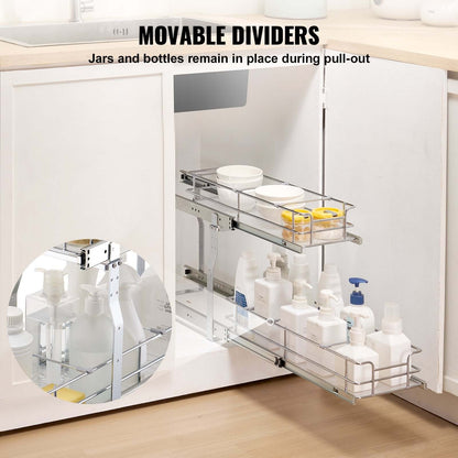Pull Out Under Sink Organizer showcasing movable dividers for jars and bottles in a cabinet with two-tier pull-out design.