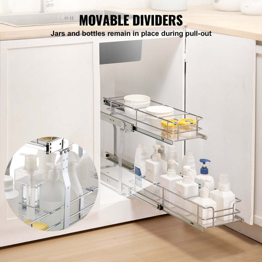 Pull Out Under Sink Organizer showcasing movable dividers for jars and bottles in a cabinet with two-tier pull-out design.