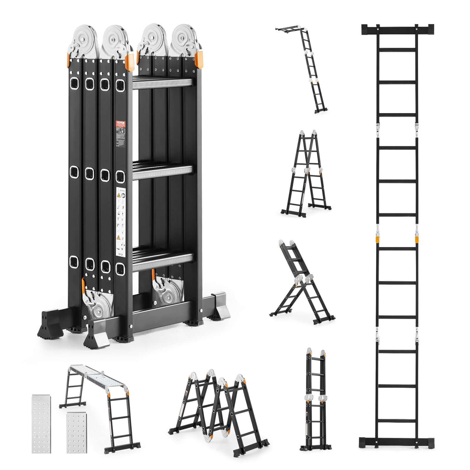 Heavy-duty folding ladder displaying 7 configurations including A-frame and extended straight mode.