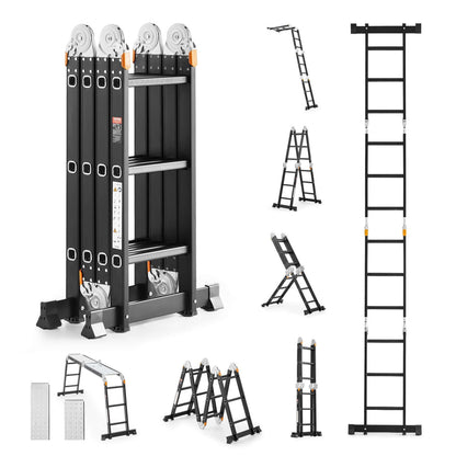 Heavy-duty folding ladder displaying 7 configurations including A-frame and extended straight mode.