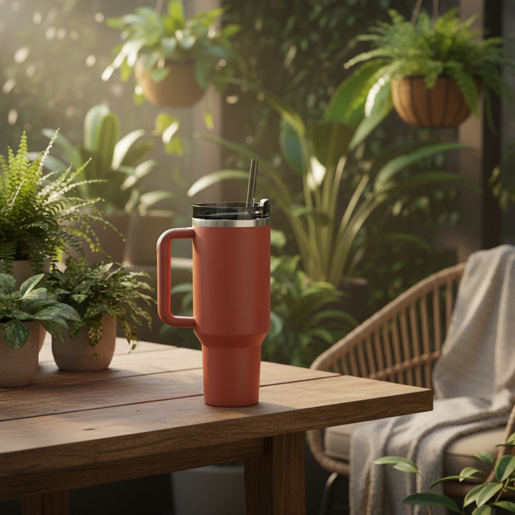 40 oz insulated modern tumbler with handle and straw in matte red finish