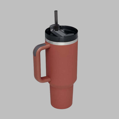 40 oz insulated modern tumbler 40 oz with handle and straw in pastel red rust color