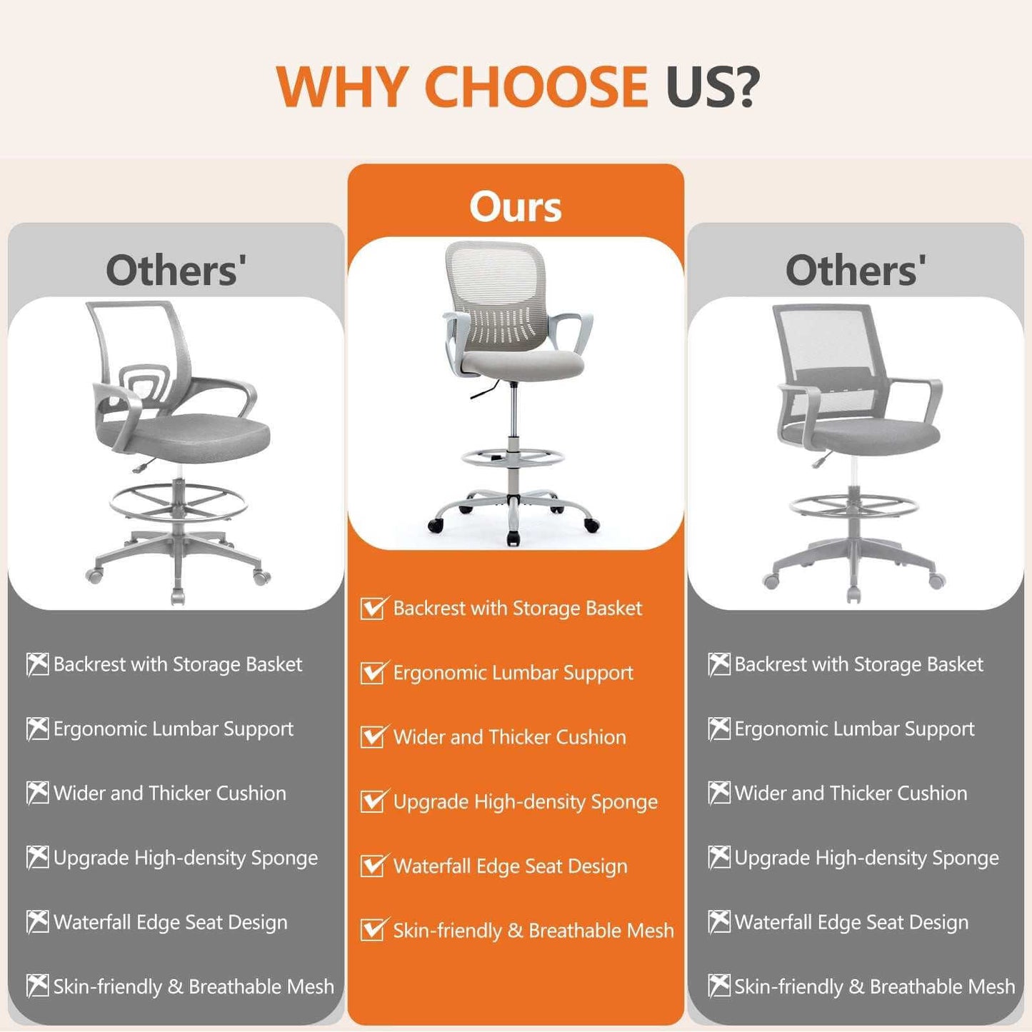 Ergonomic drafting chair with adjustable footrest and lumbar support in black and gray colors