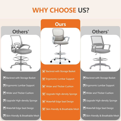 Ergonomic drafting chair with adjustable footrest and lumbar support in black and gray colors