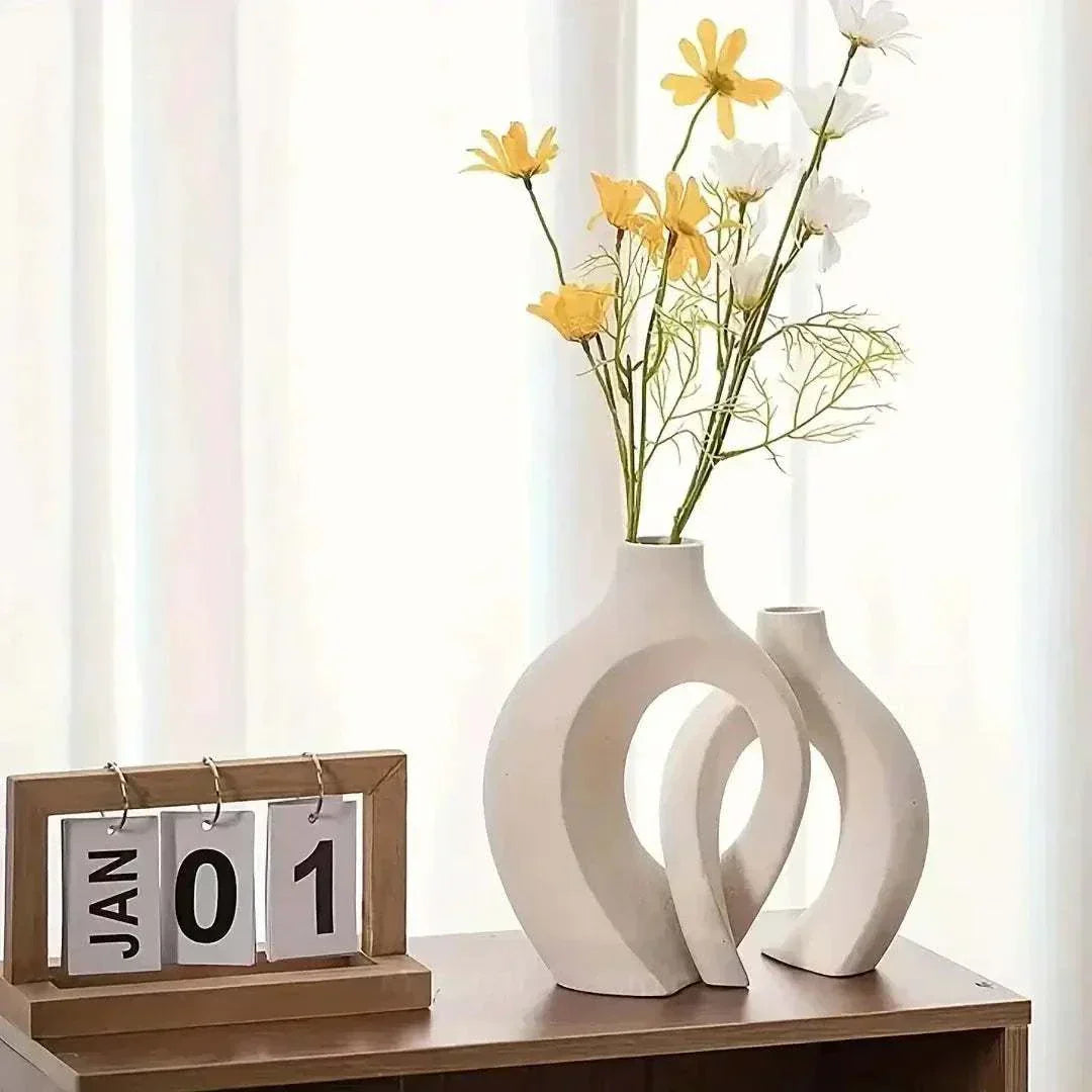 Chic Boho Nordic ceramic vases set with yellow and white flowers, perfect for modern home decor.