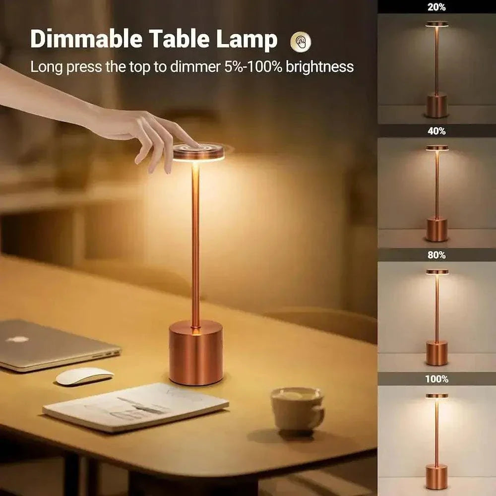 Dimmable LED table lamp with touch sensor for brightness adjustment on a desk.