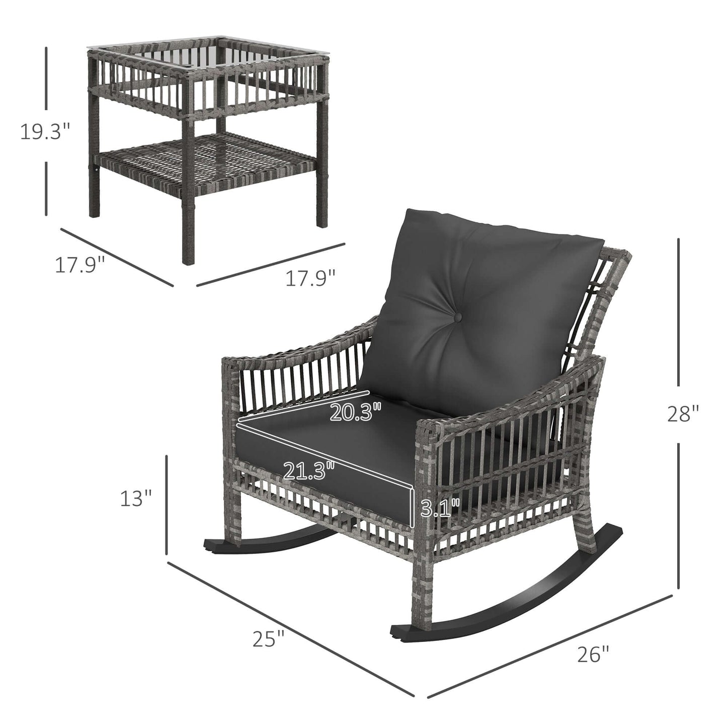 Outdoor rattan rocking chair set tempered glass table top