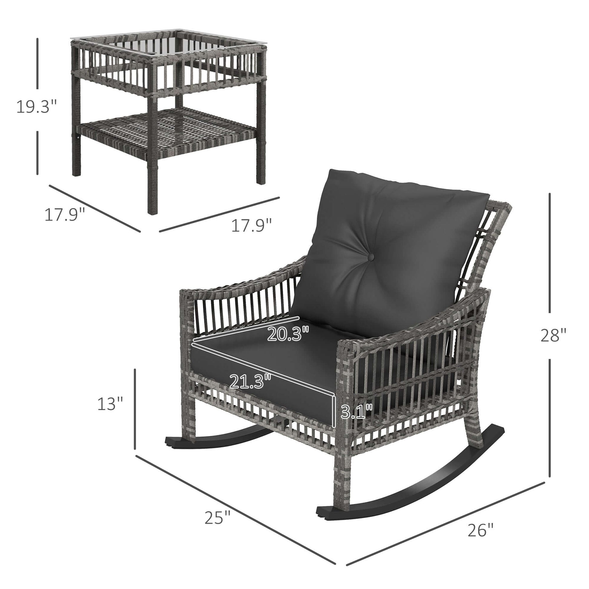 Outdoor rattan rocking chair set tempered glass table top