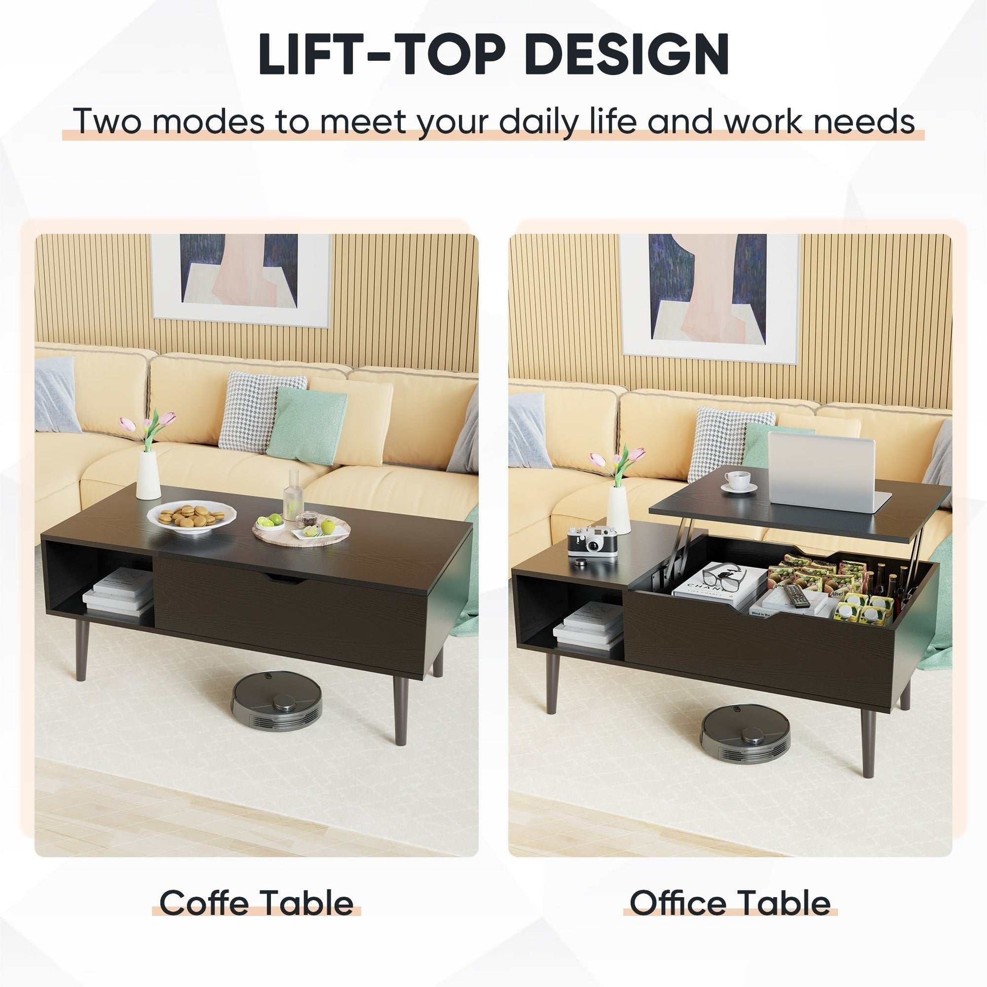 Lift Top Coffee Table in black with storage compartment and side shelves in a modern living room setting