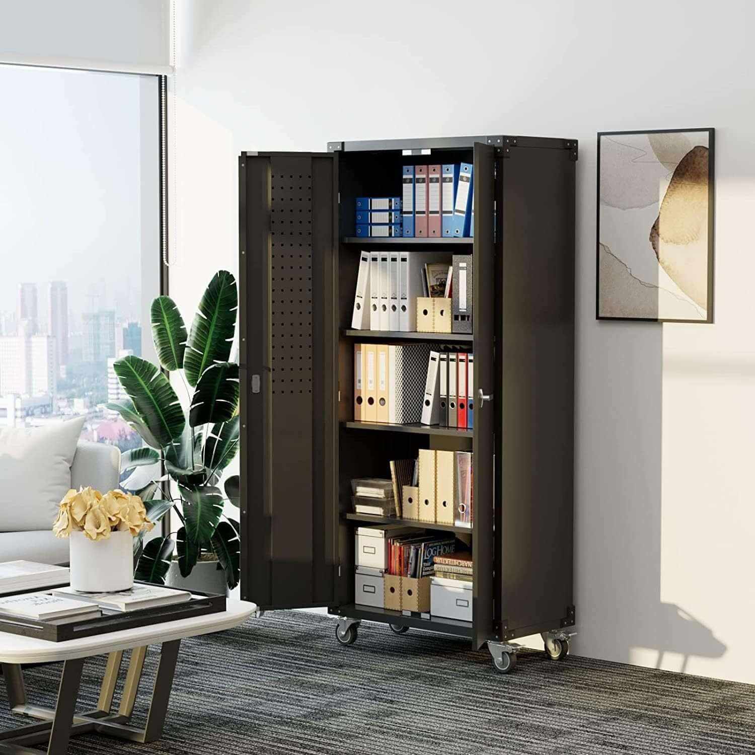 Rolling Garage Organizer with lockable doors, 4 adjustable shelves, and smooth-rolling wheels for secure and customizable tool storage.