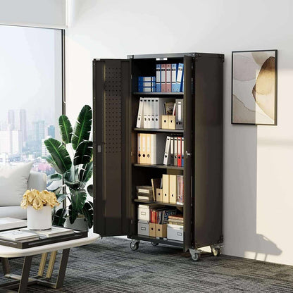 Rolling Garage Organizer with lockable doors, 4 adjustable shelves, and smooth-rolling wheels for secure and customizable tool storage.