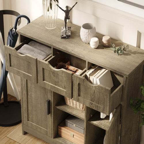 Gray versatile wooden storage cabinet with drawers, doors, and adjustable shelves for multi-room storage and organization