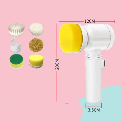Electric kitchen scrubber brush with interchangeable cleaning heads including sponge, nylon bristle, and lambskin flannel, 20cm height, white handle, rechargeable and battery versions available.