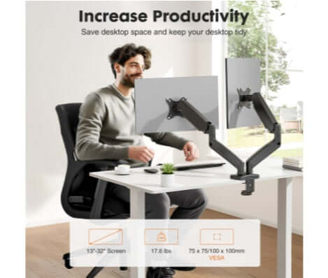 Dual Monitor Stand with gas spring arms for 13–32" screens, enhancing productivity on a tidy desk.