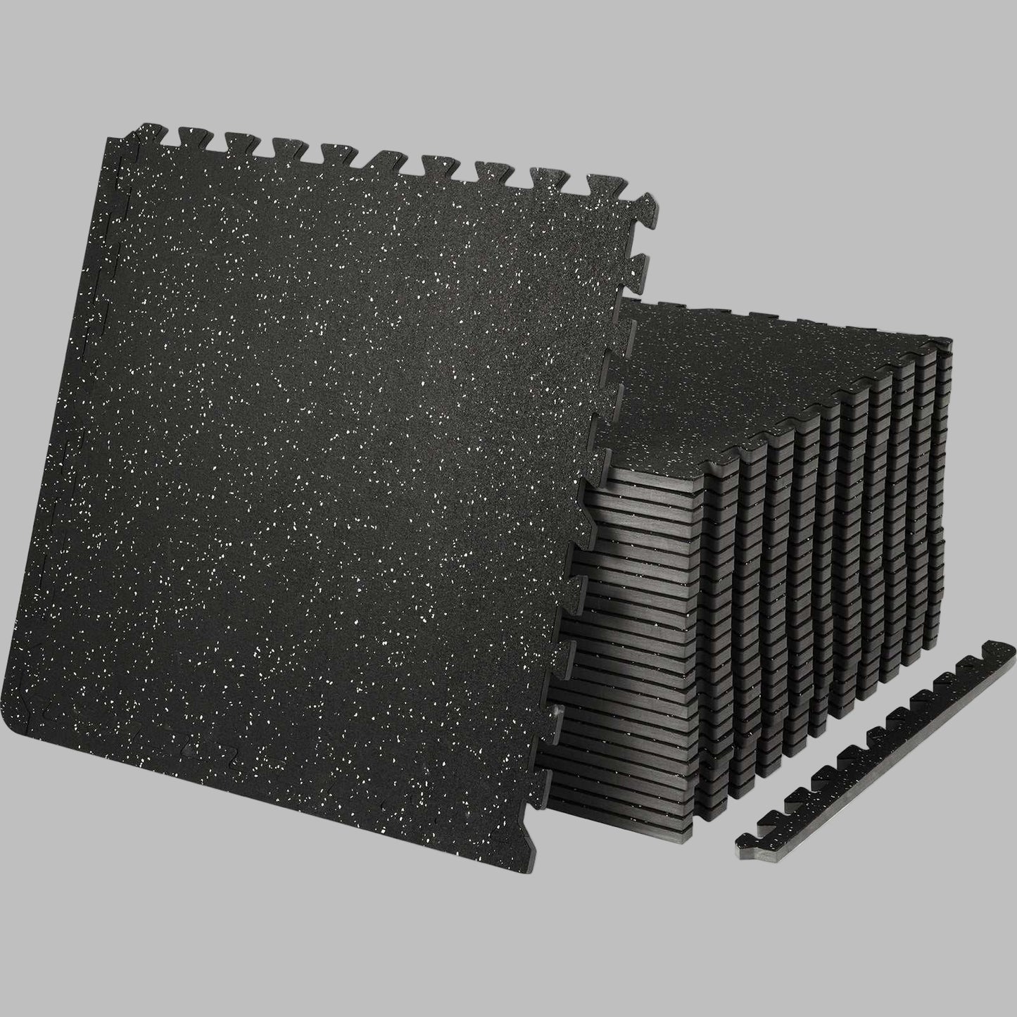 Set of black interlocking gym floor mats with white speckles, 25 pieces, 1/2 inch thick, made of EVA foam and rubber, designed for home workout spaces.