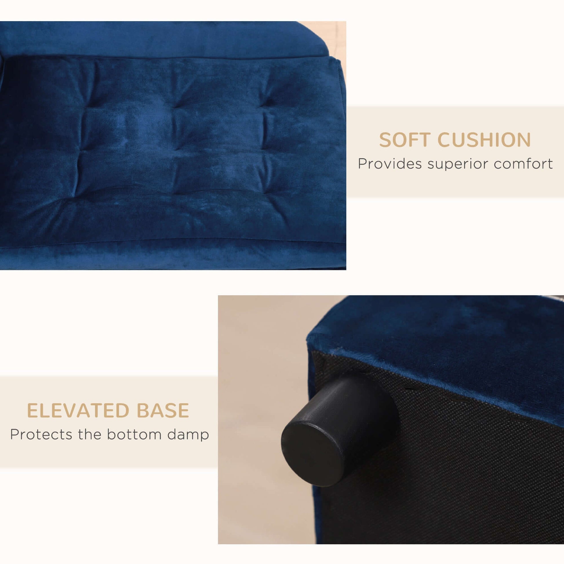 Close-up of luxury dog bed with hidden storage, featuring soft cushion in modern blue and elevated base for comfort and protection.