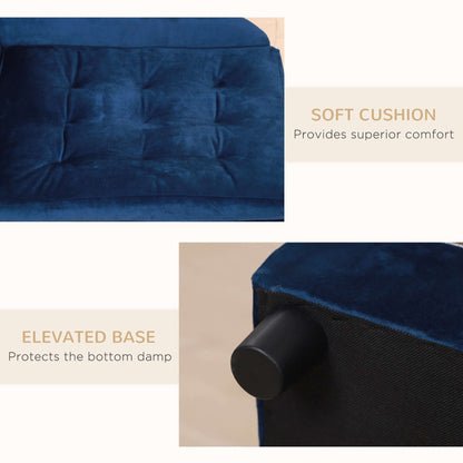 Close-up of luxury dog bed with hidden storage, featuring soft cushion in modern blue and elevated base for comfort and protection.