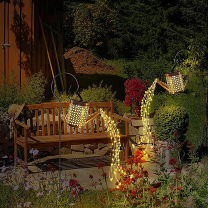 solar watering can string lights LED warm glow detail