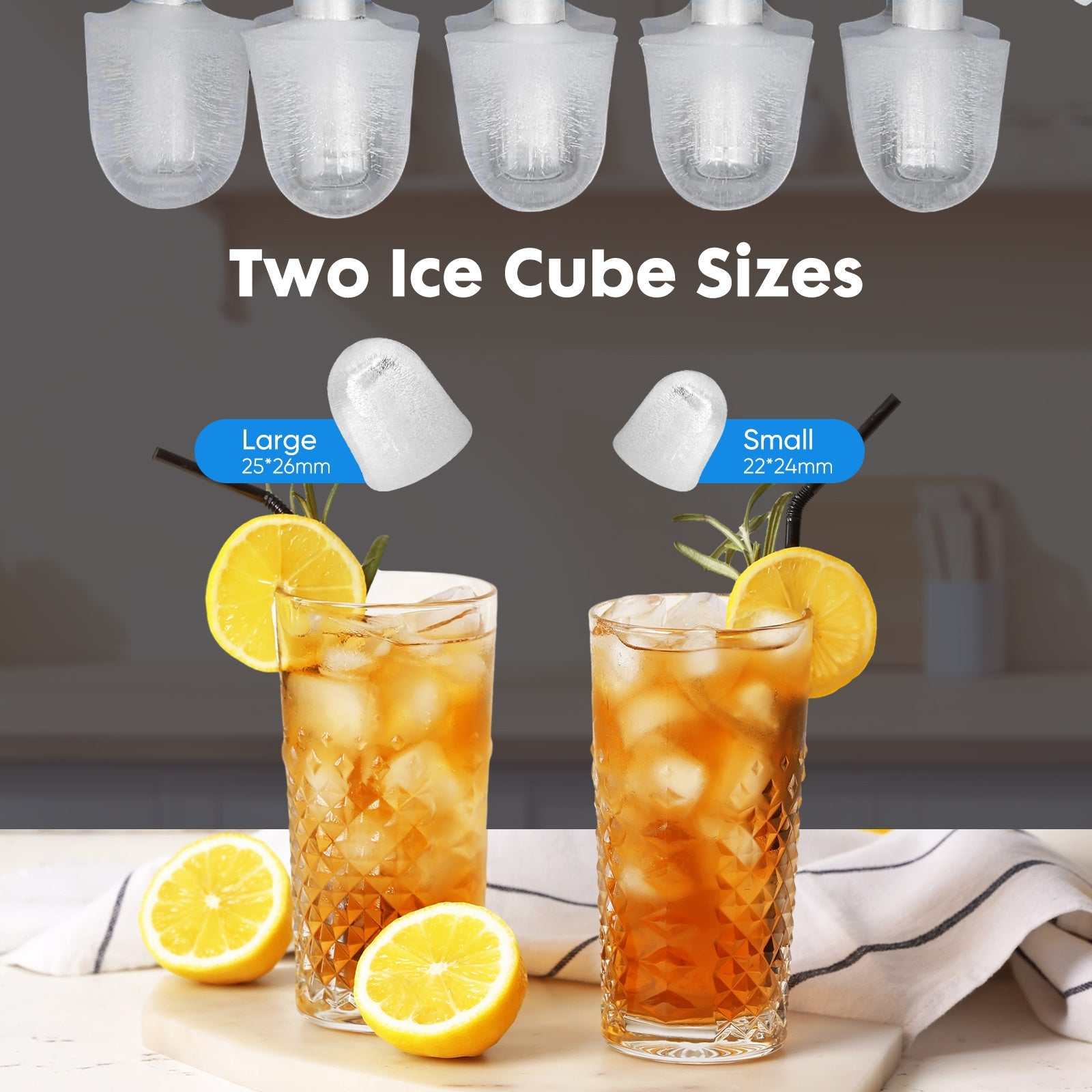 Portable ice maker producing two sizes of bullet-shaped ice cubes shown with iced drinks and lemon slices