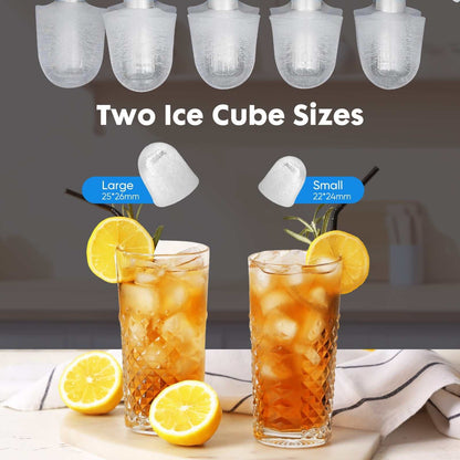 Portable ice maker producing two sizes of bullet-shaped ice cubes shown with iced drinks and lemon slices