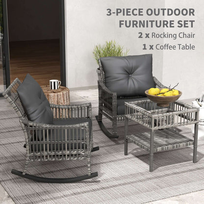 Outdoor rattan rocking chair set cushion detail gray