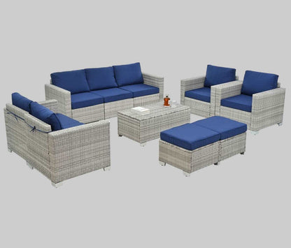 Cozy outdoor patio set 10 piece modular seating with blue cushions and wicker frame