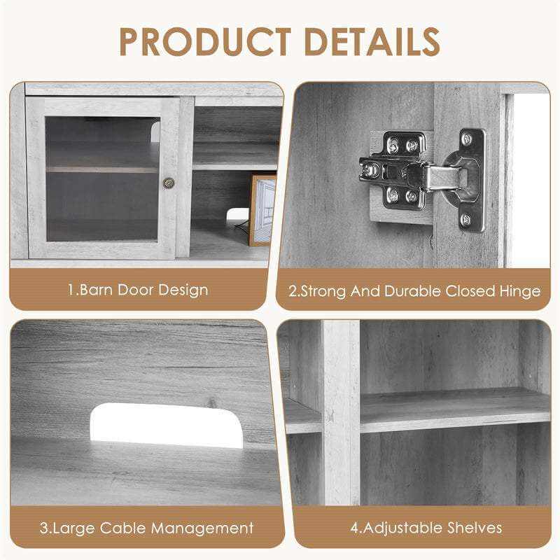 Detailed features of chic wooden TV stand: barn door design, strong hinges, large cable management, and adjustable shelves.