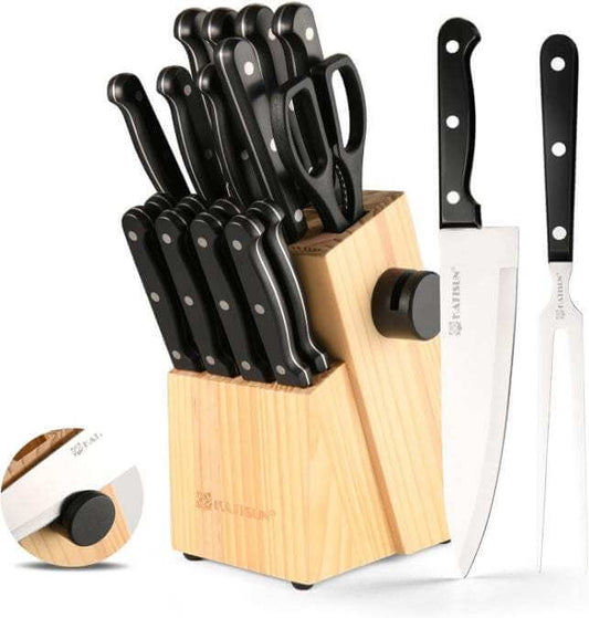Ultimate German Steel Knife Set with wooden block and built-in sharpener showing knives, shears, and meat fork.