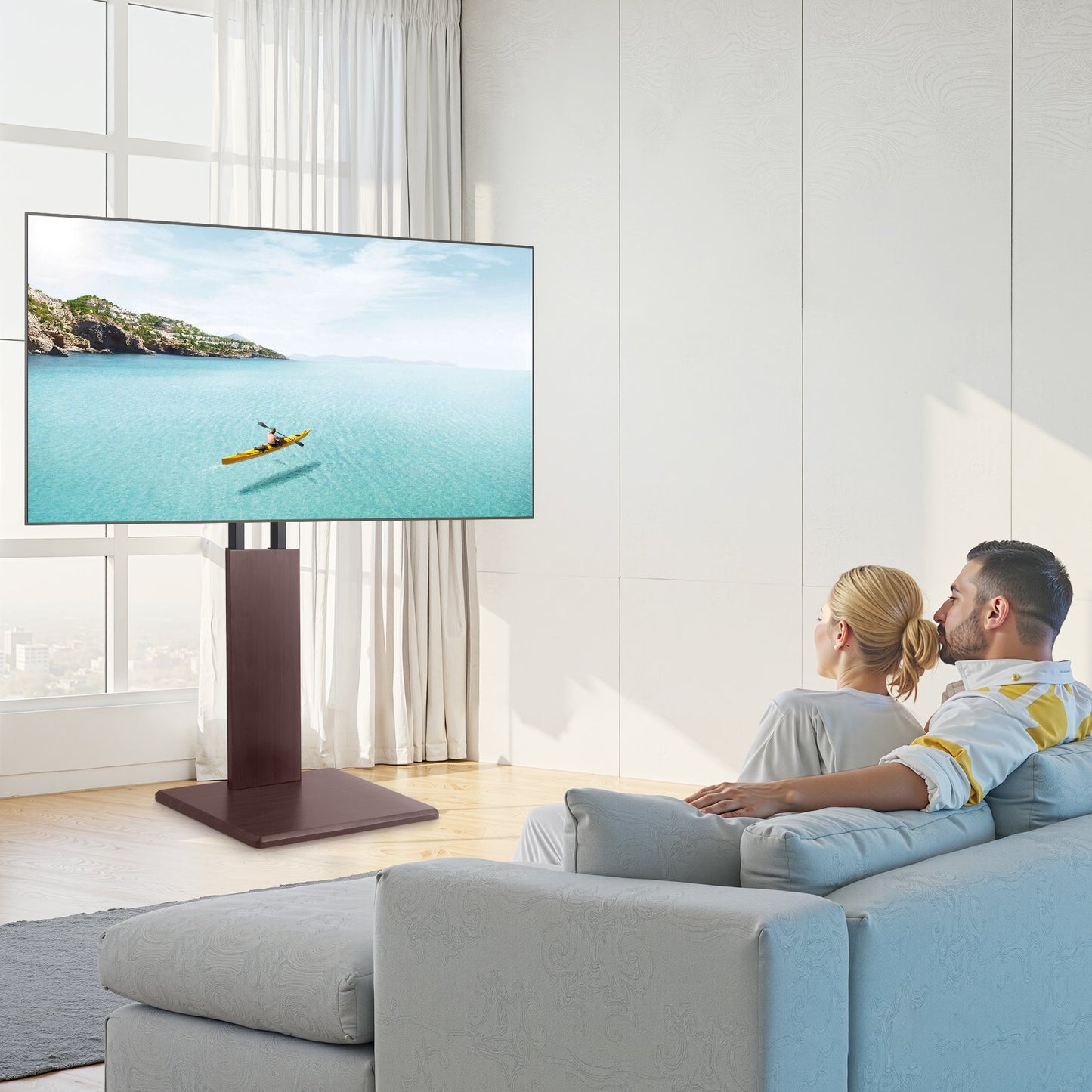 Tabletop TV stand installed in living room with large flat screen TV
