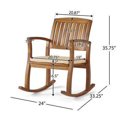 Rocking Comfort Chair Natural Oak acacia wood rocker with slat back and curved armrests, 35.75" height, 24" width, 33.25" depth.
