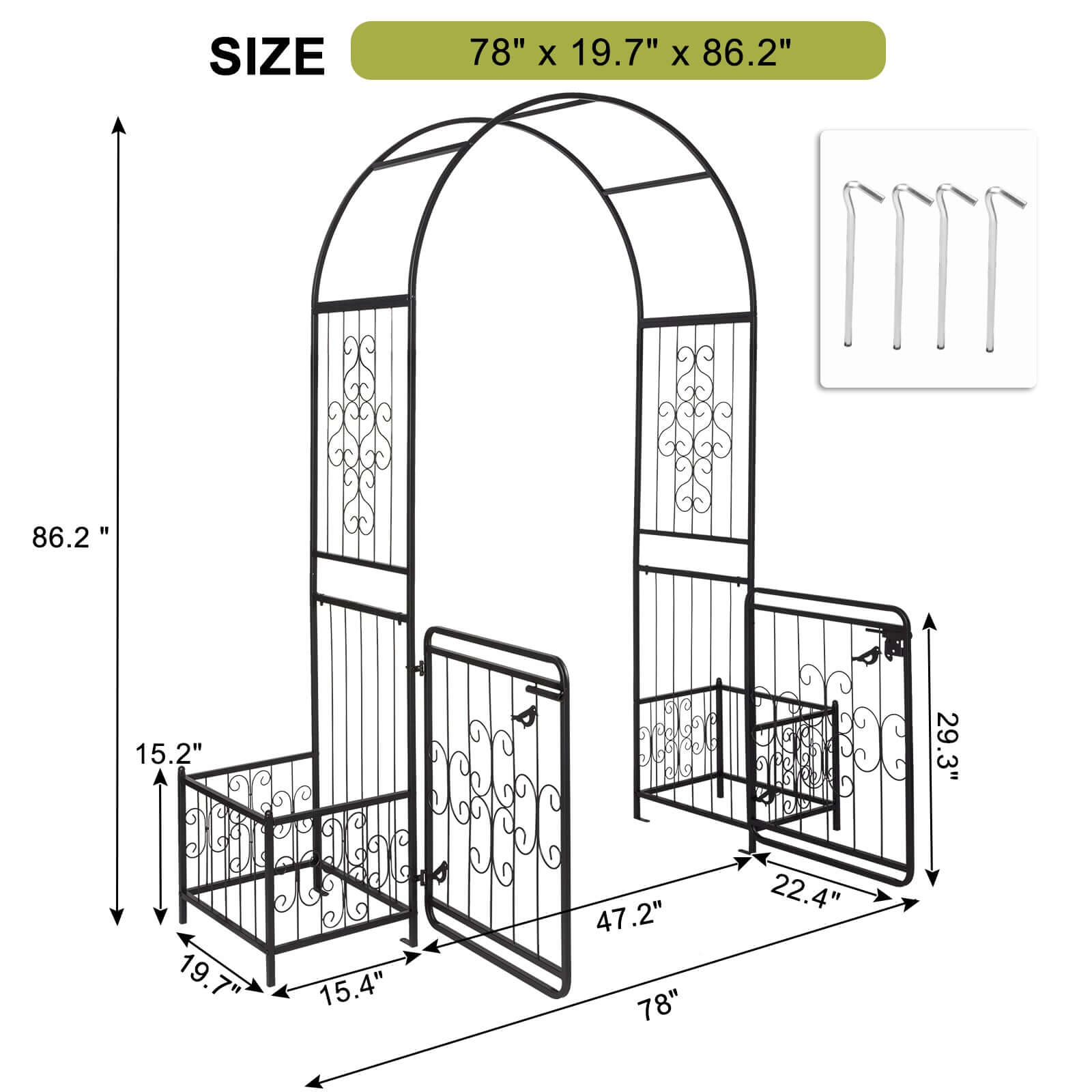 garden arch assembly diagram showing dimensions 78 x 19.7 x 86.2 inches
