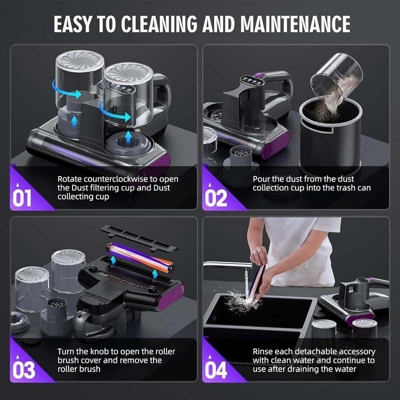 Mattress mite remover handheld vacuum cleaner with easy cleaning and maintenance steps.
