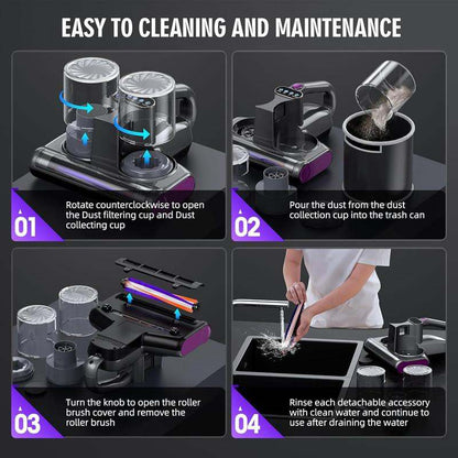 Mattress mite remover handheld vacuum cleaner with easy cleaning and maintenance steps.