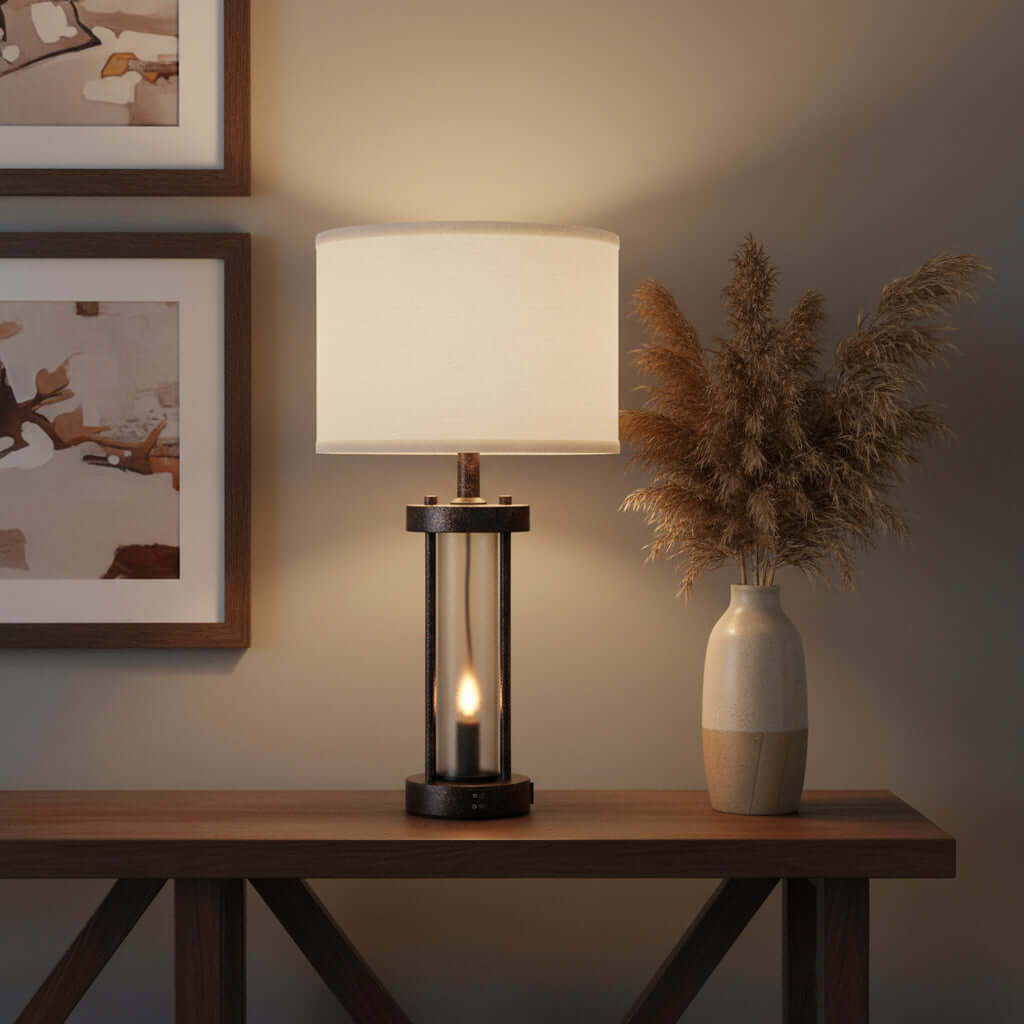 Farmhouse Bedside Table Lamps set of 2 with USB port on a wooden table beside a vase of pampas grass.