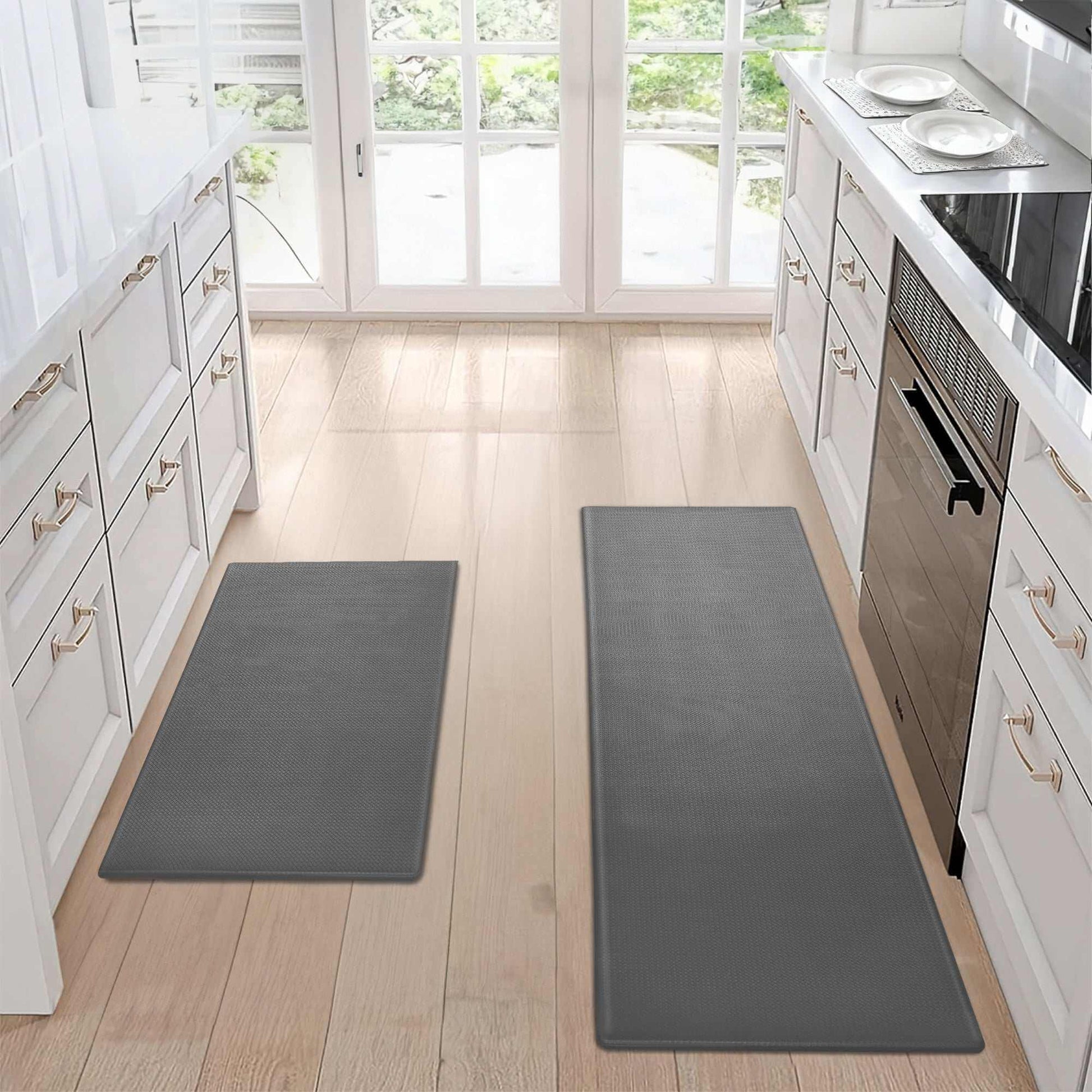 Cozy Kitchen Comfort Mat Set with two gray anti-fatigue mats in modern kitchen