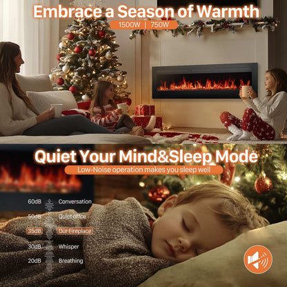CozyFlame Electric Fireplace Insert mounted on wall with family enjoying warmth and child sleeping peacefully in quiet mode