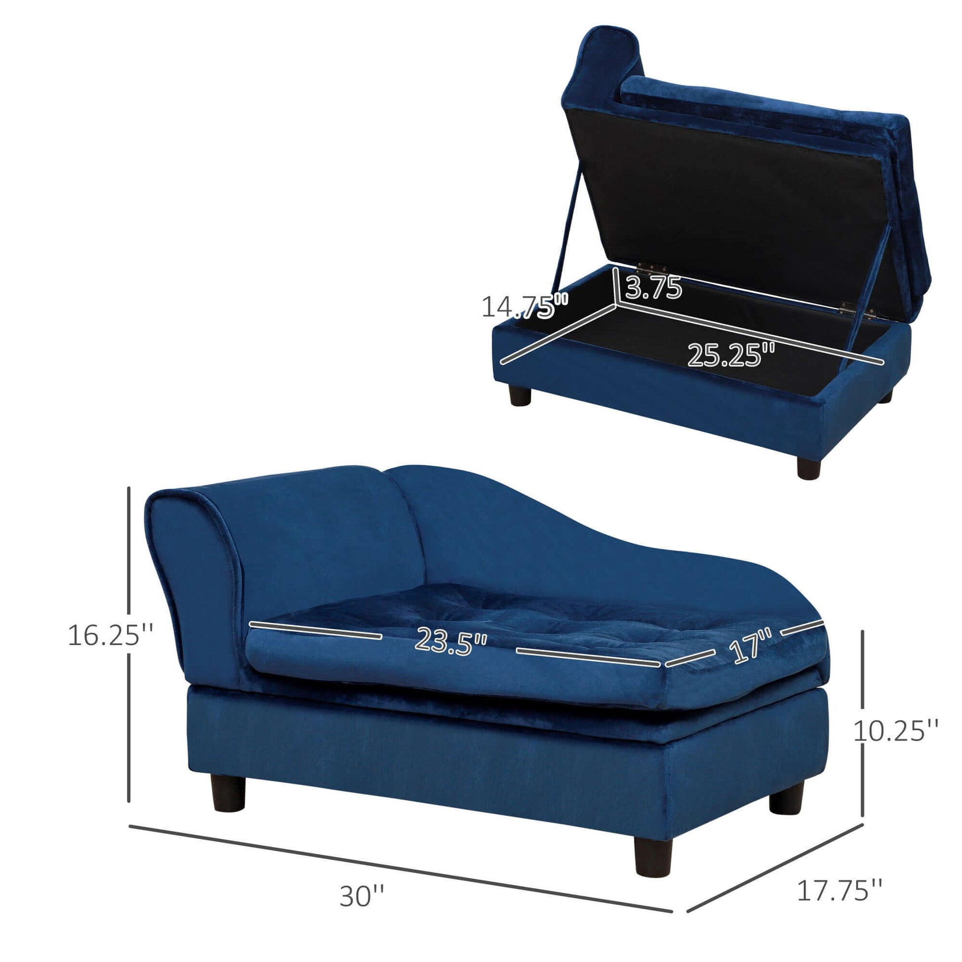 Luxury dog bed with hidden storage and dimensions, featuring plush blue fabric and foam cushion for pet comfort.