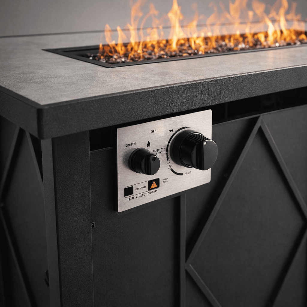 Control panel of a Propane Fire Pit Table with flame and burner settings for easy use.