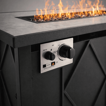 Control panel of a Propane Fire Pit Table with flame and burner settings for easy use.