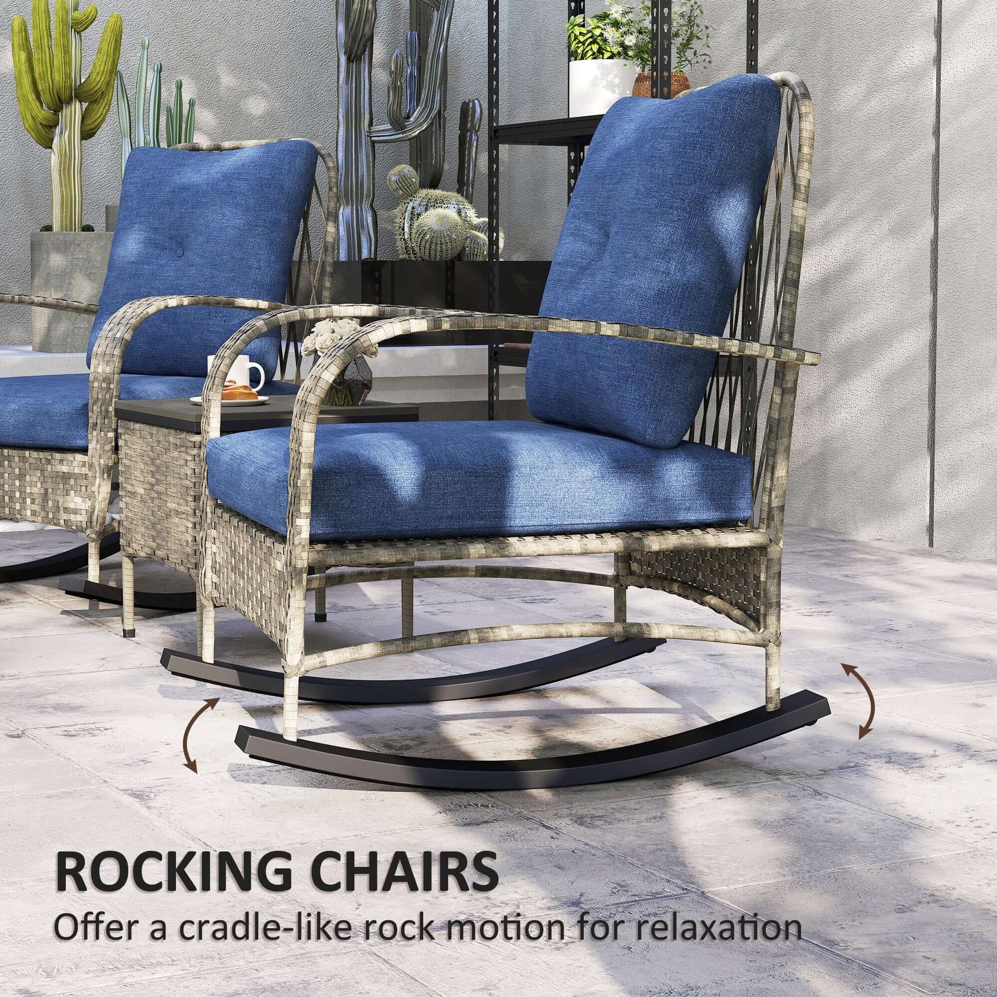 Rattan Chaise Lounge Chair with blue cushions, stylish rocking motion for outdoor relaxation.
