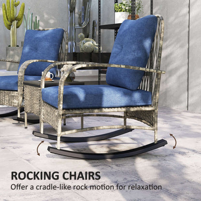 Rattan Chaise Lounge Chair with blue cushions, stylish rocking motion for outdoor relaxation.