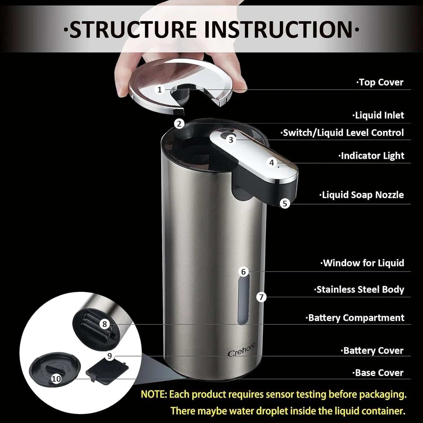 Touchless soap dispenser with infrared sensor, stainless steel body, adjustable soap volume, and waterproof design for hands-free hand washing.