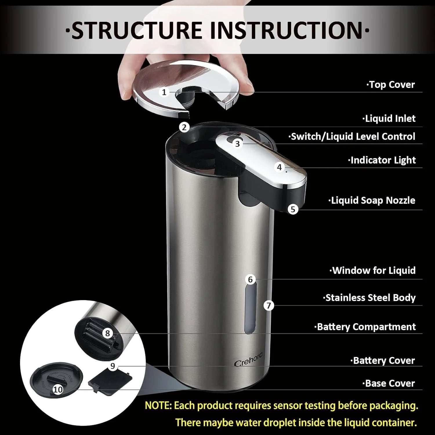 Touchless soap dispenser with infrared sensor, stainless steel body, adjustable soap volume, and waterproof design for hands-free hand washing.