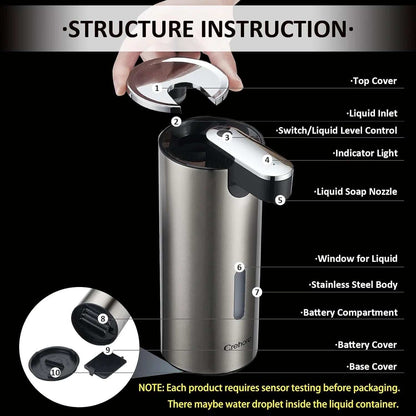 Touchless soap dispenser with infrared sensor, stainless steel body, adjustable soap volume, and waterproof design for hands-free hand washing.