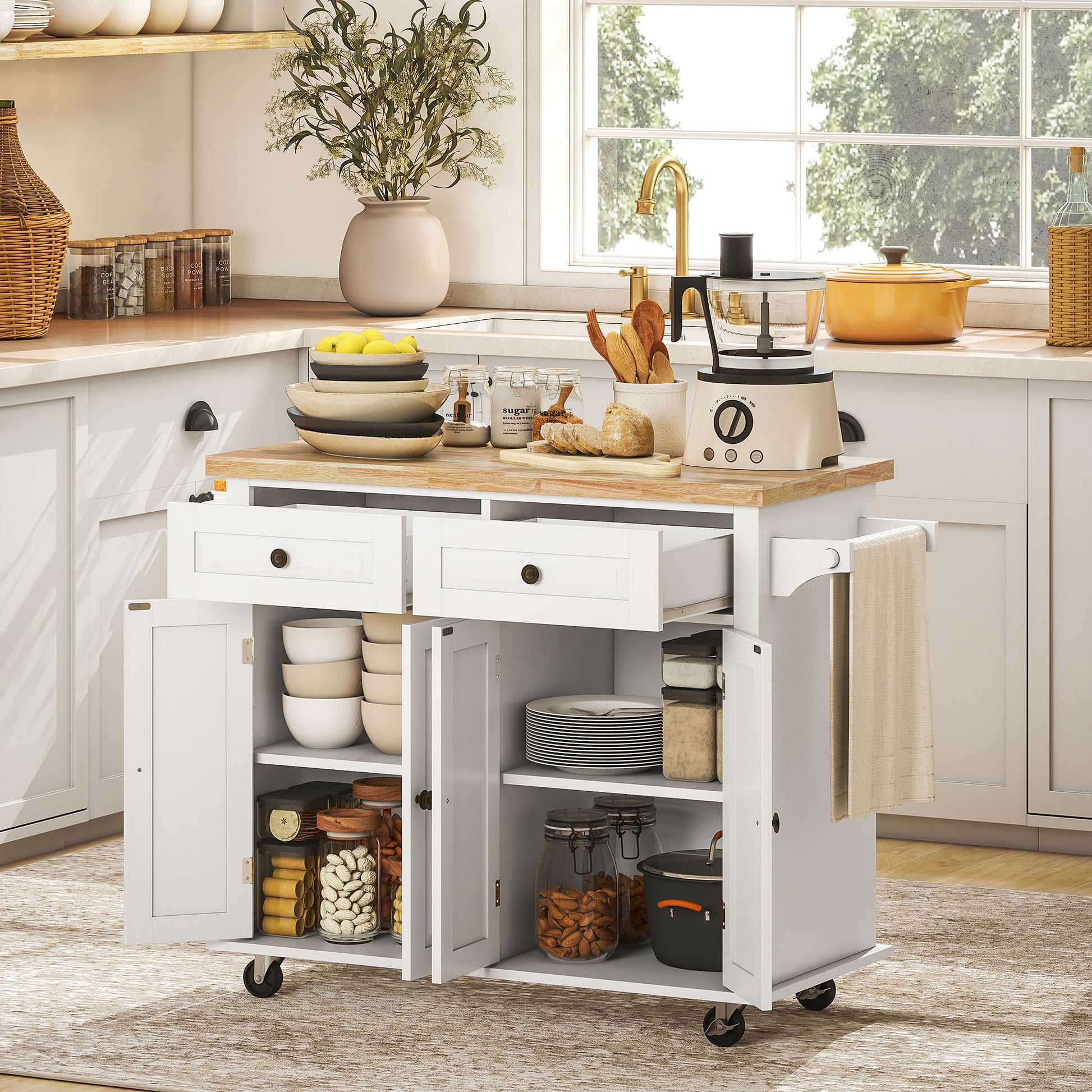 kitchen island cart on wheels white front view with drawers
